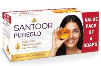 Santoor PureGlo Glycerine Soap with Almond Oil and Glycerine, 125g (Pack of 6) for Nourished Glowing Skin