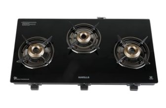Havells GEOSLIM Gas stove |3 Heavy Duty Forged Brass Burner|6 mm Toughened Glass|Premium Valves|Removable Drip Tray|Soft Touch Knobs|5 year Warranty on Burners, Glass & Valves by Havells (Black)