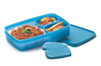 SignoraWare Compact BPA Free Plastic Square Lunch Box | Airtight & Leak Proof | Freezer Safe | Snacks Container | Picnic and Travel | Best for Office & School use (850ml + 100ml + 100ml | Blue)