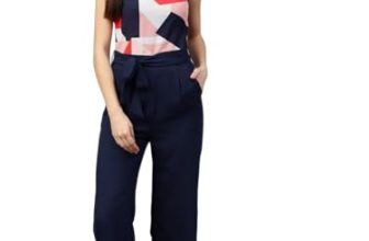Zima Leto Women’s Geometric Print Sleeveless Jumpsuit – Navy Blue Tie-Waist Casual One-Piece for Office & Outings