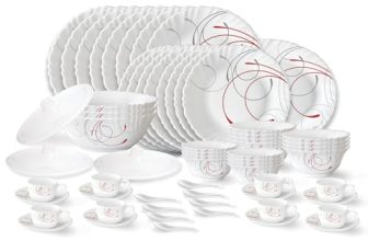 Larah by Borosil Boro Fluted Series Opalware Dinner Set | 63 Pieces for Family of 8 | Microwave & Dishwasher Safe | Bone-Ash Free | Crockery Set for Dining & Gifting | Plates & Bowls | White