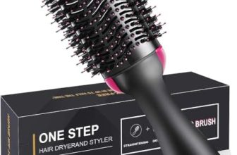 One Step Hair Dryer Brush – Hot Air Brush Hair Dryer & Volumizer | Heat Settings | Hair Straightener & Styler Brush for Fast Drying, Smoothening & Salon Blowout | Black & Pink