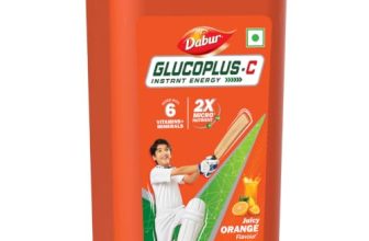 Dabur Glucoplus C Instant Powder Energy Glucose (Orange Flavour) – 400gm | Replenishes Energy with 6 Added Vitamins and Minerals | Vitamin C and Zinc Helps Boost Immunity | Calcium, Phosphorus and Vitamin K Support Bone Health