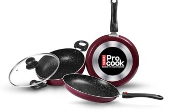 Milton Pro Cook Kitchen Pride Set of 3 Non Stick Cookware | PFOA Free Coating, Non Induction | Includes Nonstick Tawa, Fry Pan, Kadhai with Glass Lid, Nylon Laddle & Spatula I Peach Color