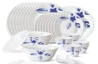Larah by Borosil 47 Pc Morning Glory Opalware Dinner Set for Family of 8, Microwave & Dishwasher Safe Silk Series Crockery for Dining & Gifting, Bone Ash Free Plates & Bowls