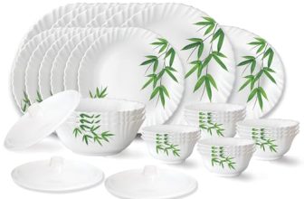 Larah by Borosil Bamboo Leaves Fluted Series Opalware Dinner Set | 31 Pieces for Family of 6 | Microwave & Dishwasher Safe | Bone-Ash Free | Crockery Set for Dining & Gifting | Plates & Bowls | White
