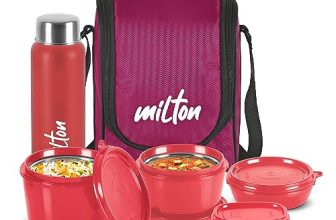 MILTON Pro Lunch Box with Steel Cutlery, 3 Microwave Safe Inner Steel Containers (180 ml, 320 ml, 450 ml), Plastic Chutney Dabba,100 ml, Bottle, 750 ml with Insulated Bag, Office Tiffin, Maroon