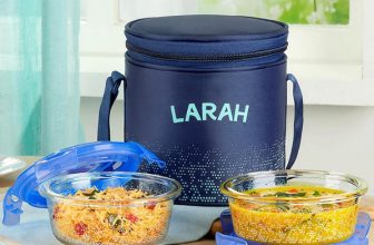 Larah by Borosil Speckle Blue Borosilicate Glass Lunchbox, 2pc Round Set (400ml x 2) Vertical 2 Containers Glass Office Lunch Box(400 ml)